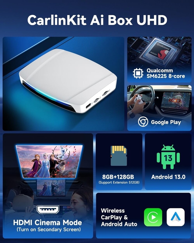 Android 13.0 Wireless Adapter CarPlay Multimedia Video Box CPC200-TBox UHD SDM660 8G 128Gb